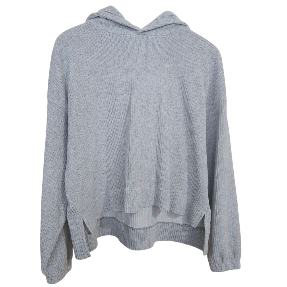 Aerie Ribbed Hoodie Women Size M Gray Long Sleeve Side Slit Pullover Sweatshirt